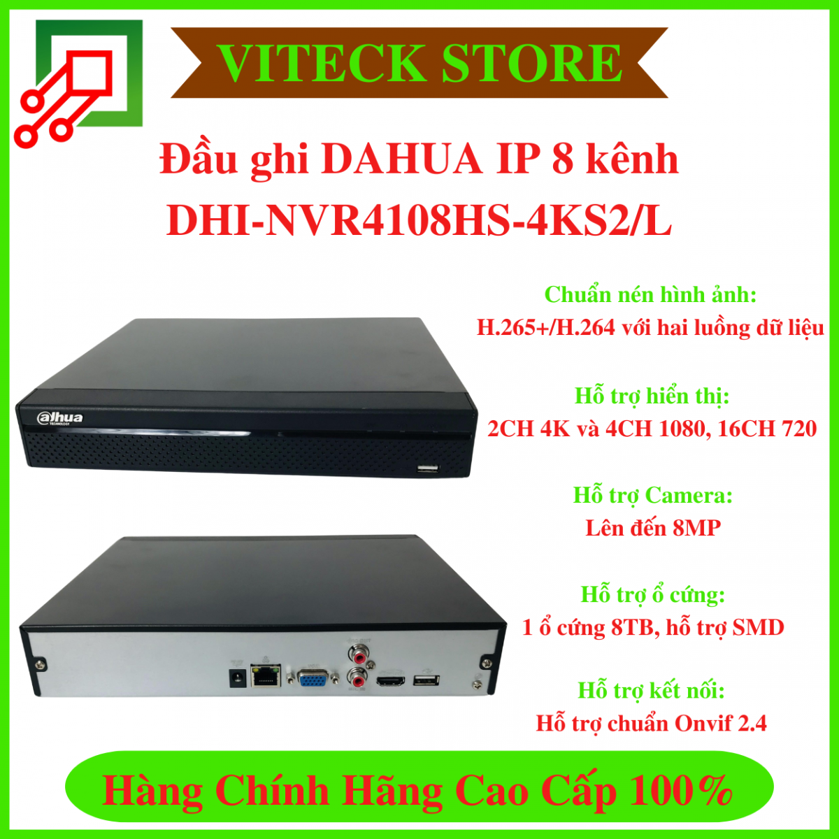 Đầu ghi DAHUA IP 8 kênh DHI NVR4108HS 4KS2 L Chuẩn nén H265 H264